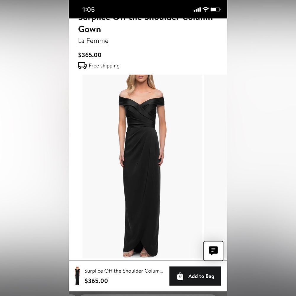 Black La Femme surplice off-the-shoulder column gown.